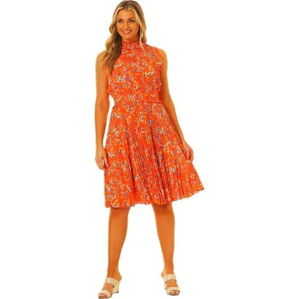 NWT Nanette Lepore Orange Floral Pleated Dress Size 8